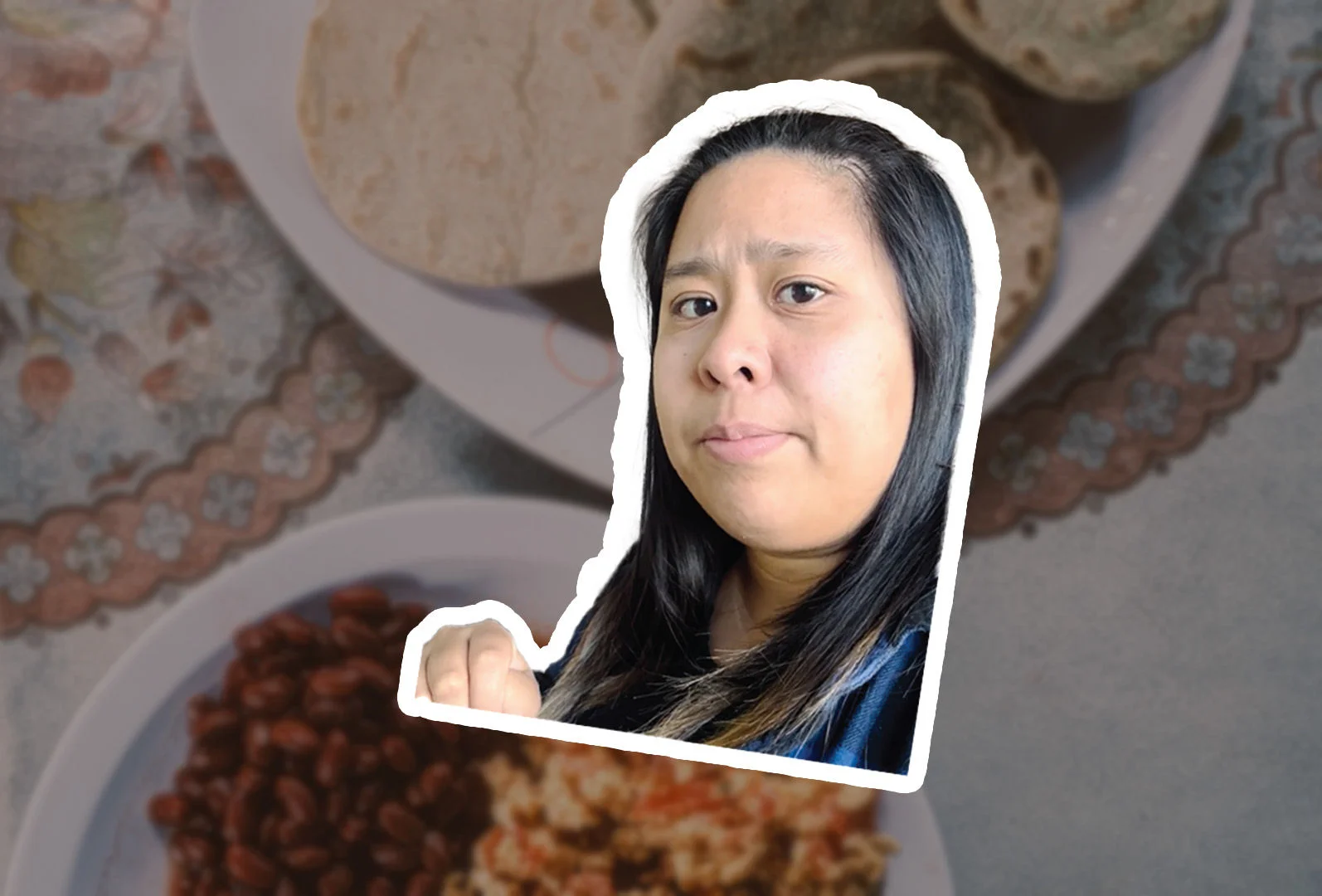 Woman speaking, and an image of food on a table in the background